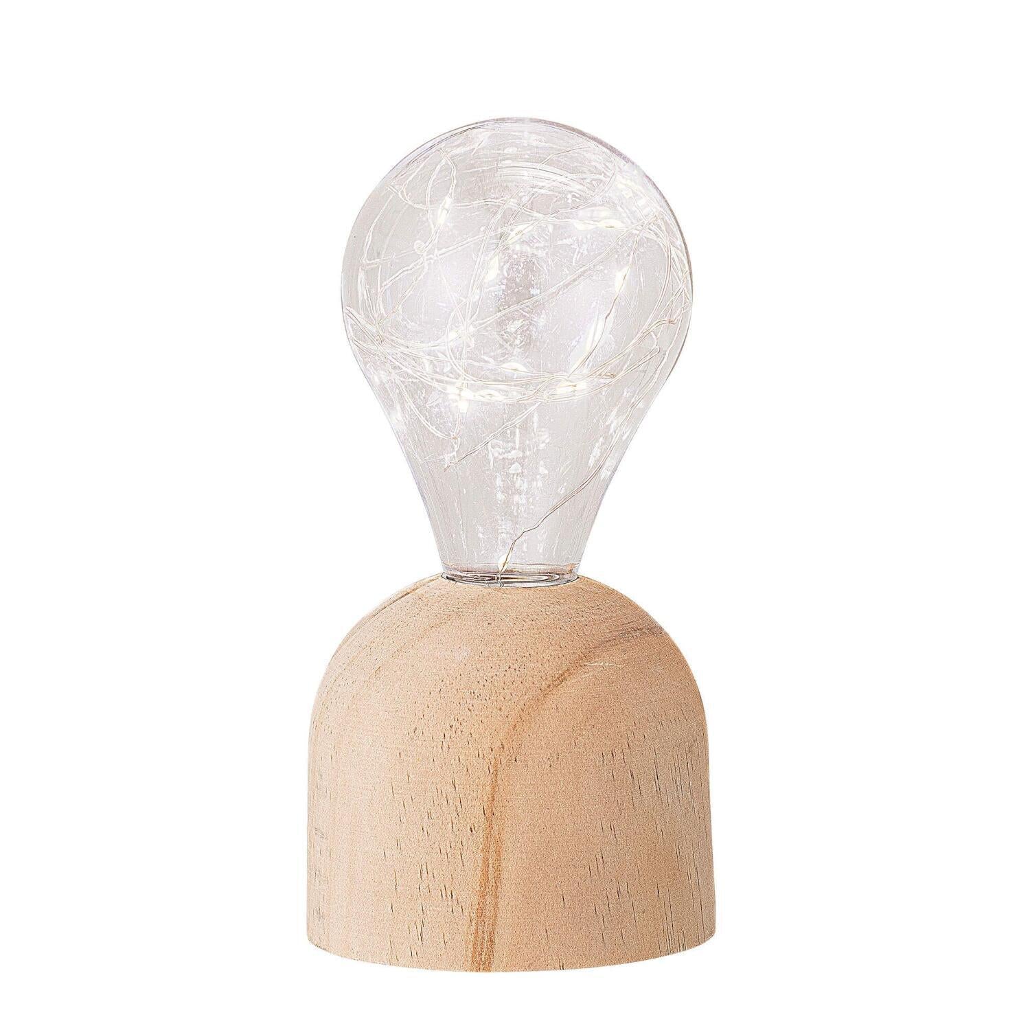 Tischlampe mit Holzsockel und transparenter Glaskugel als Lampenschirm