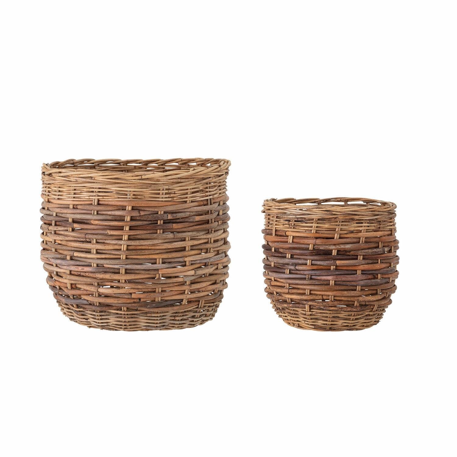Rattan-Körbe im 2er-Set, rund geflochten, braun, nebeneinander mit offenen Oberkanten