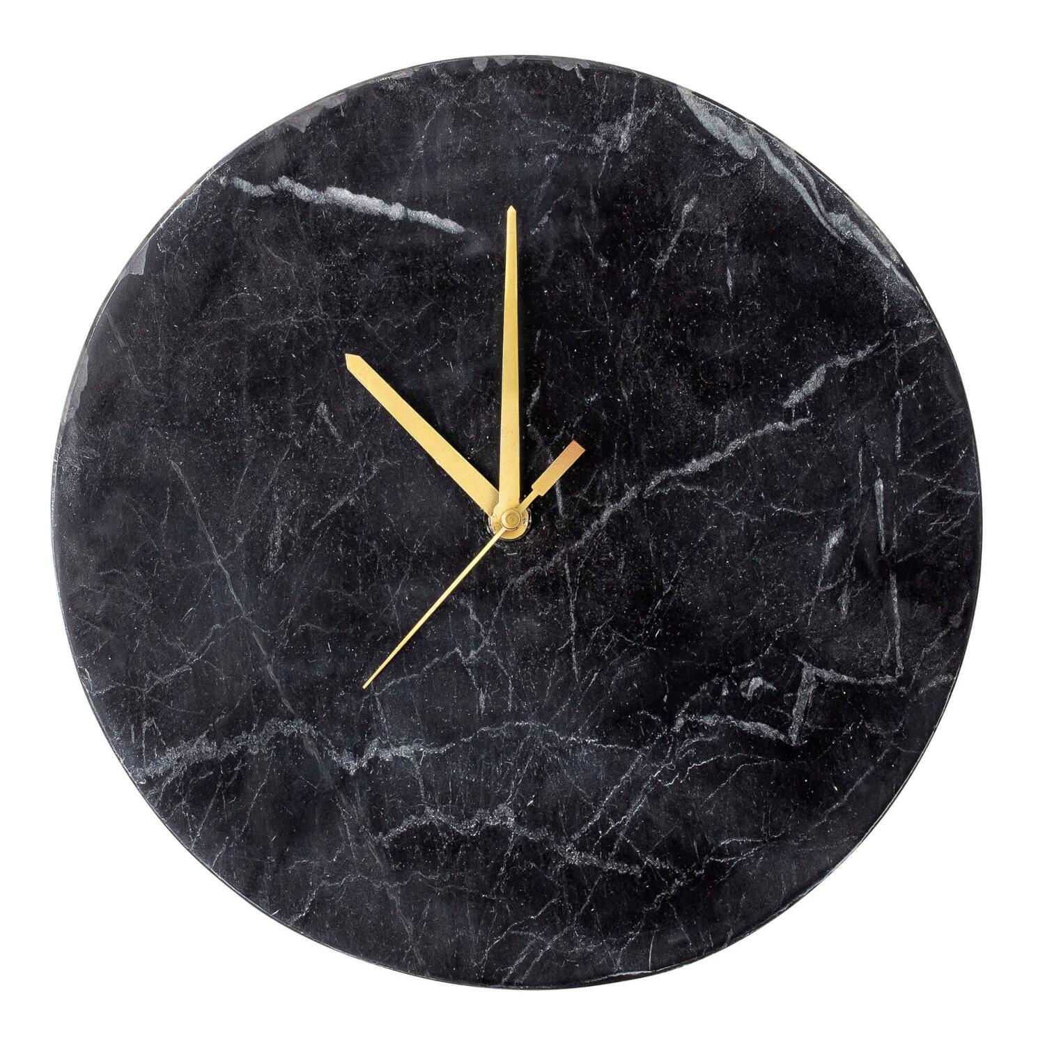 Runde Wanduhr im schwarzem Marmordesign mit goldenen Zeigern, 25,5 cm