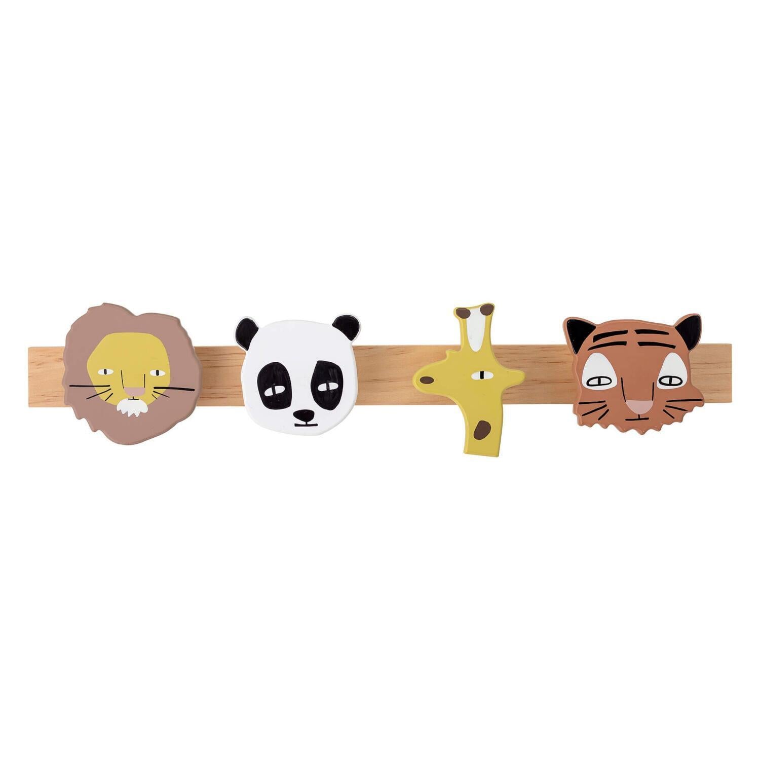 Garderobe mit Tierkopf-Haken: Löwe, Panda, Kreuz, Tiger auf Holzleiste