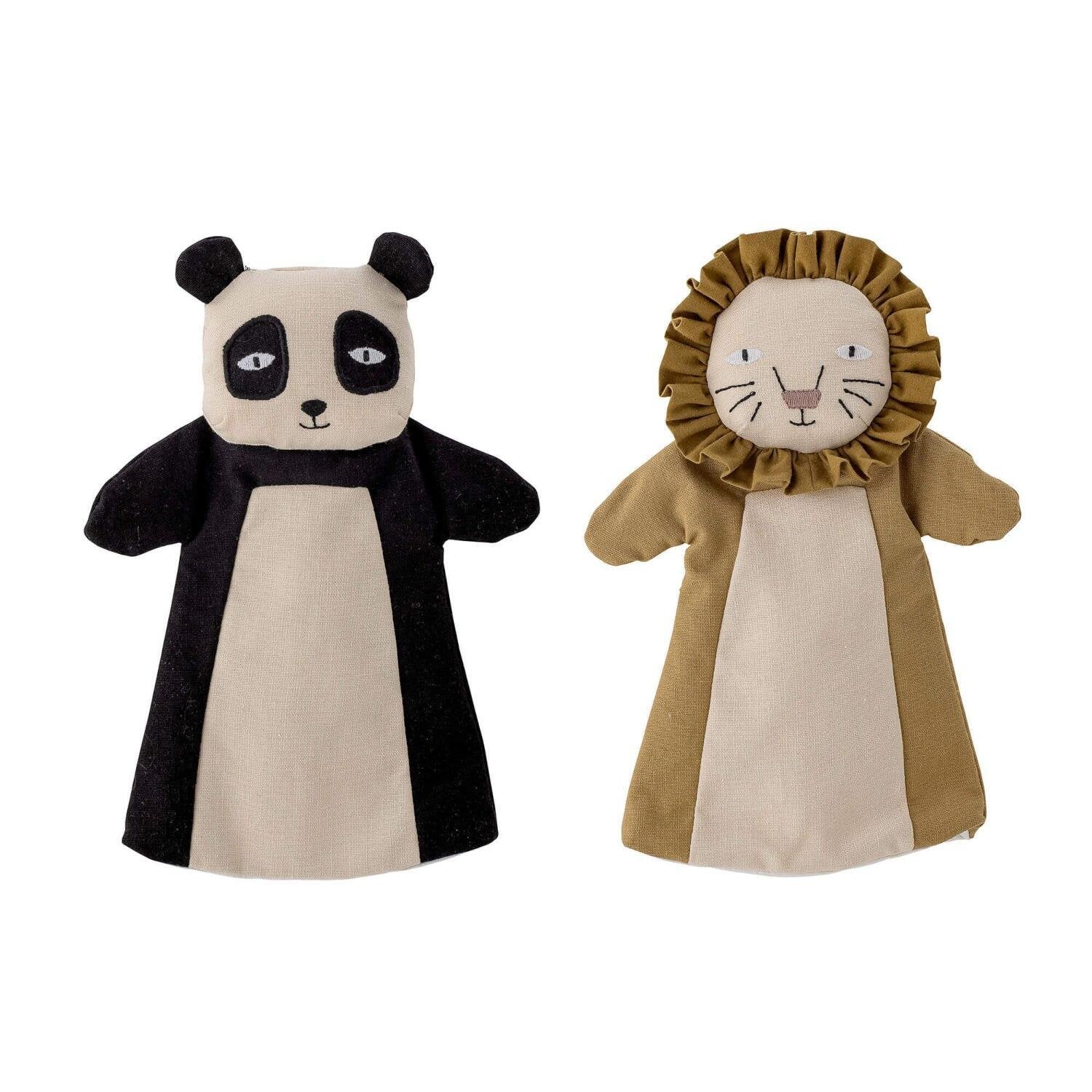 Panda-Handpuppe mit schwarzem Kopf, weißem Bauch, Knopfaugen und Schnauzenstickerei