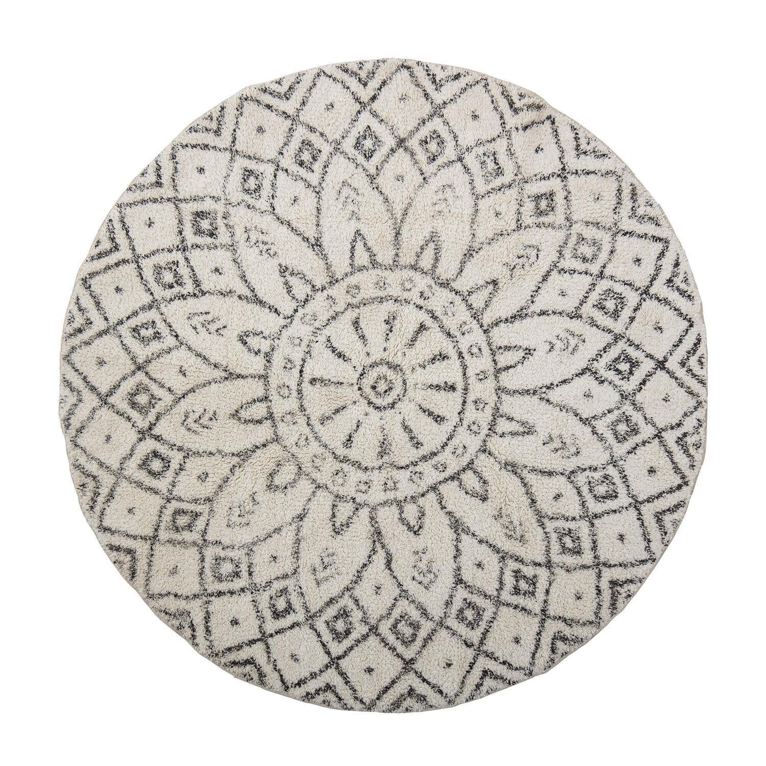 Runder Teppich mit geometrischem Mandala-Muster, hellbeige mit dunklen Linien