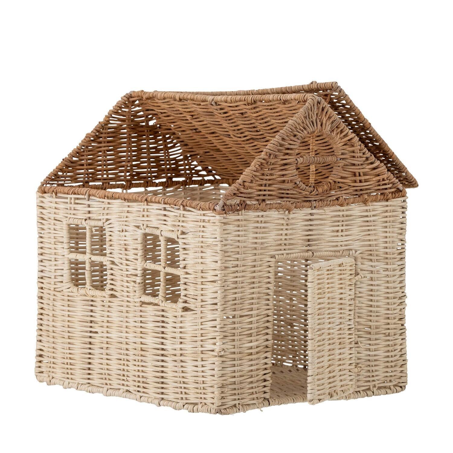 Puppenhaus mit Deckel aus Naturgeflecht, Seitenansicht mit kleinen Fensteröffnungen