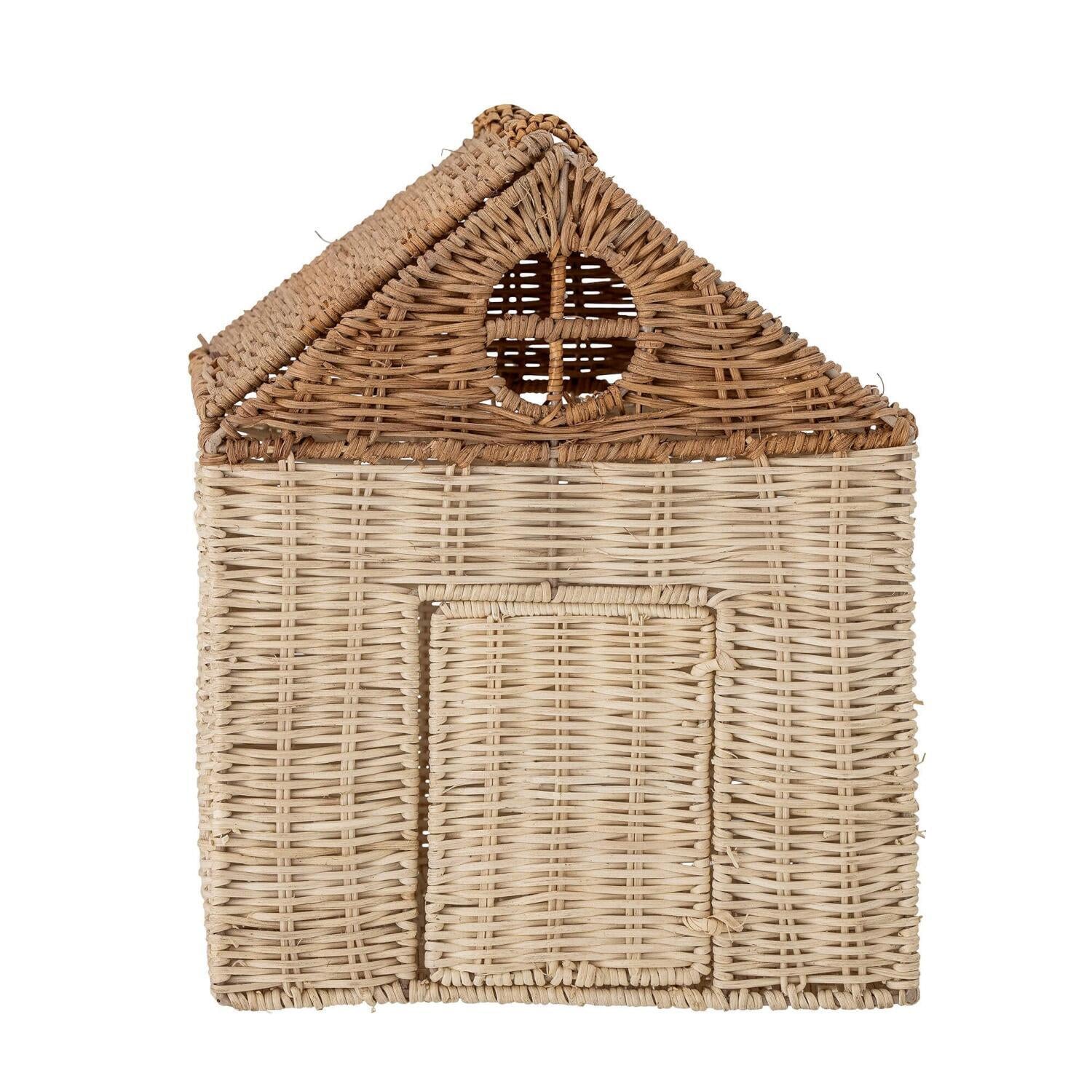 Puppenhaus mit Deckel aus Naturgeflecht, Giebel mit runder Öffnung und kleinem Eingang