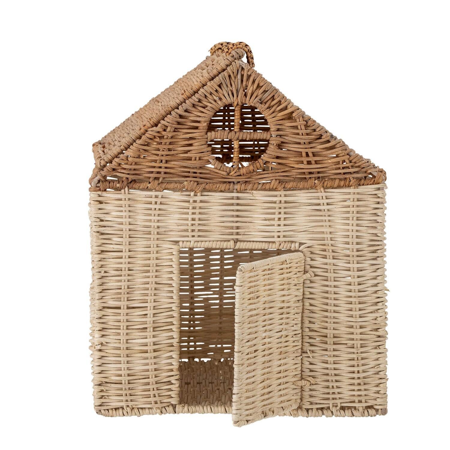 Puppenhaus mit Deckel aus Naturgeflecht, runde Sichtöffnung am Giebel