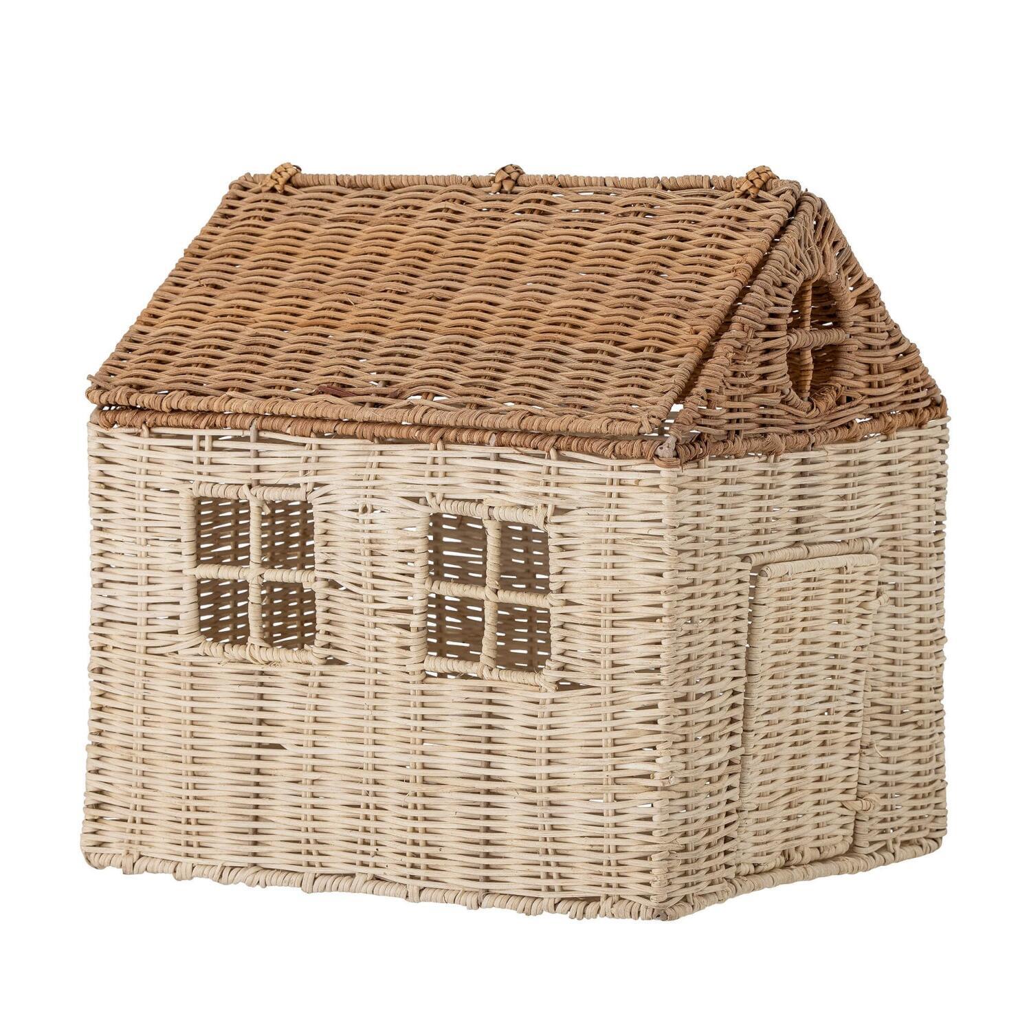 Puppenhaus mit Deckel aus geflochtenem Naturgeflecht, abgesetztes Dach und Fenster
