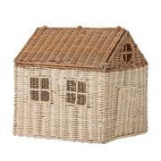 Puppenhaus mit Deckel aus geflochtenem Naturgeflecht, abgesetztes Dach und Fenster