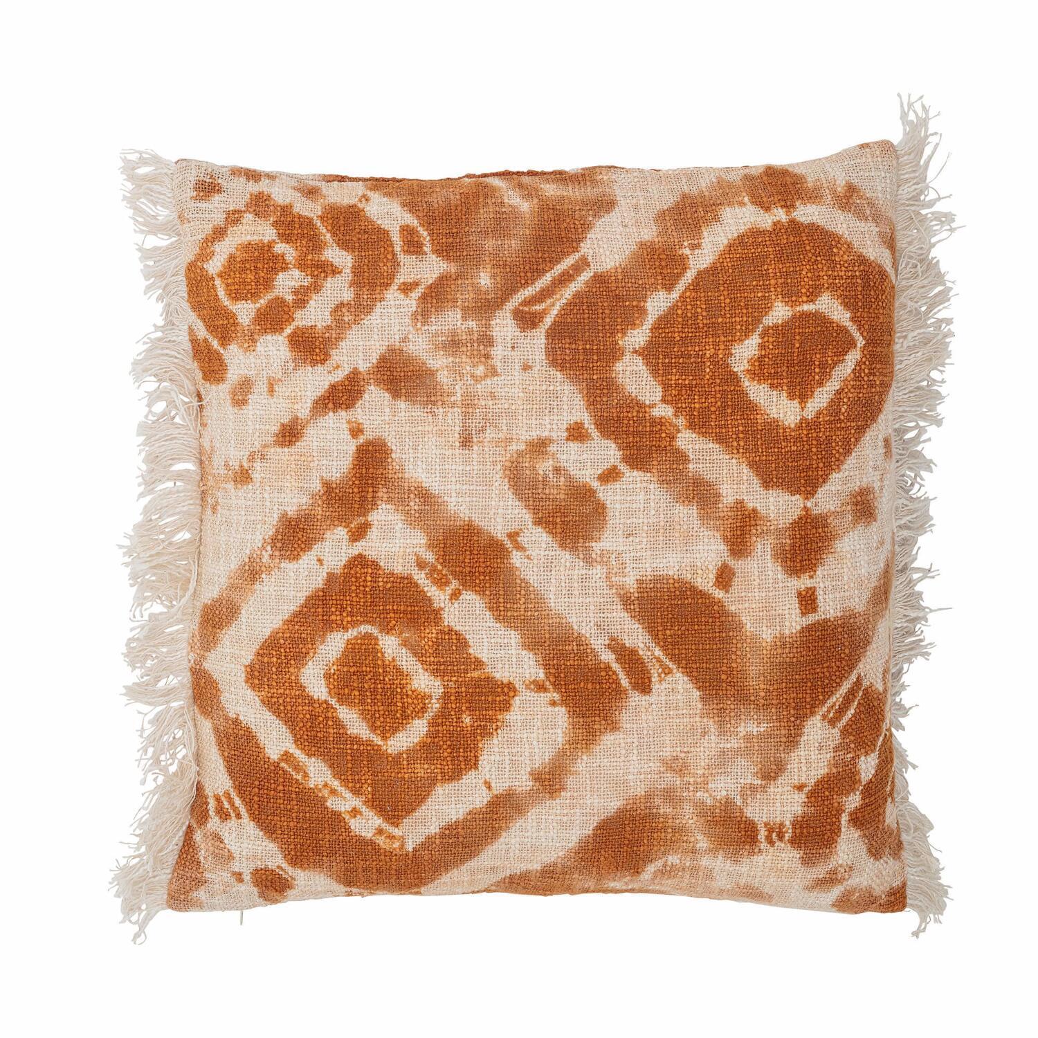 Kissen 50x50 cm mit braun-beigem Muster und Fransen am Rand