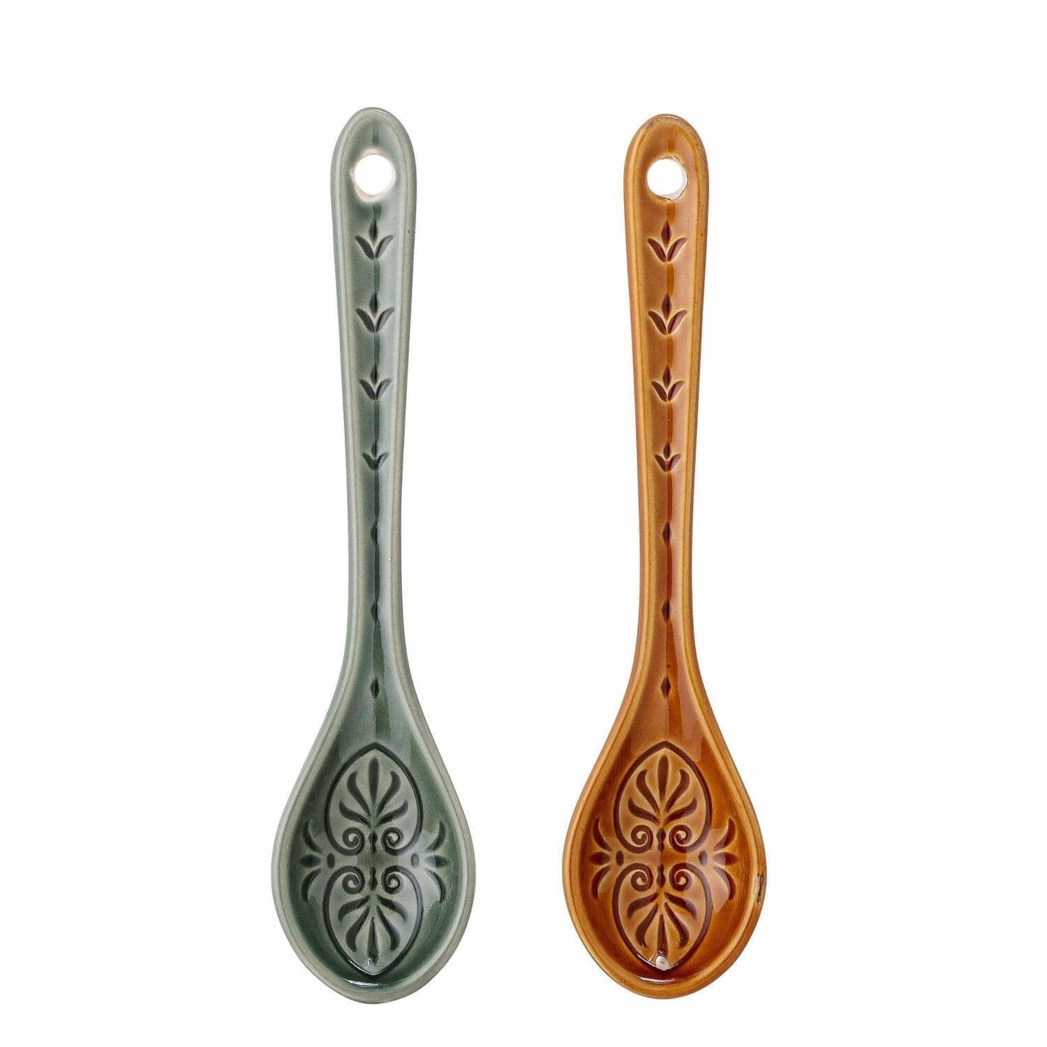 2er-Set Löffel mit Ornamentprägung, grün und braun