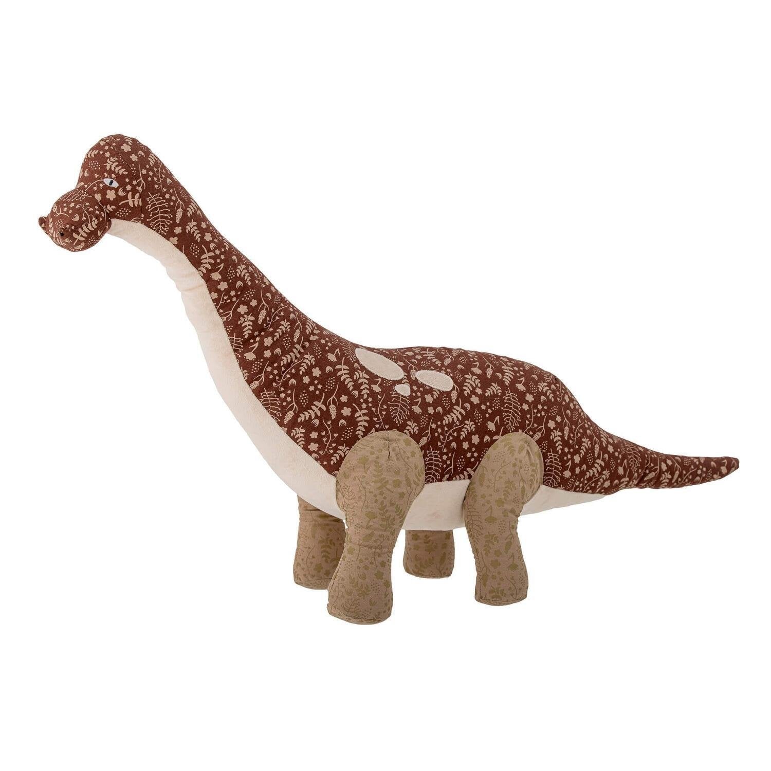 Kuscheltier-Dino mit braunem Muster, beiger Schnauze und langen Armen/Beinen