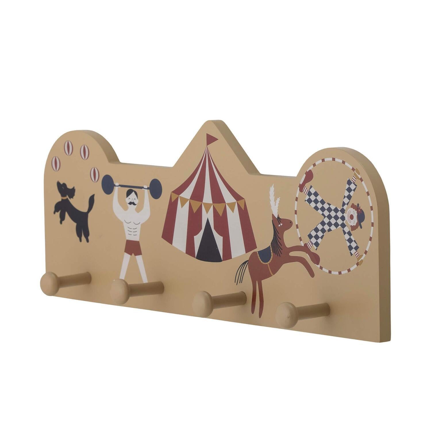 Kinder-Garderobe Miou mit Zirkus-Tieren, 4 Haken auf beiger Holzplatte