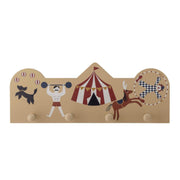 Kinder-Garderobe Miou mit Zirkus-Motiven und 4 runden Haken auf Holzplatte