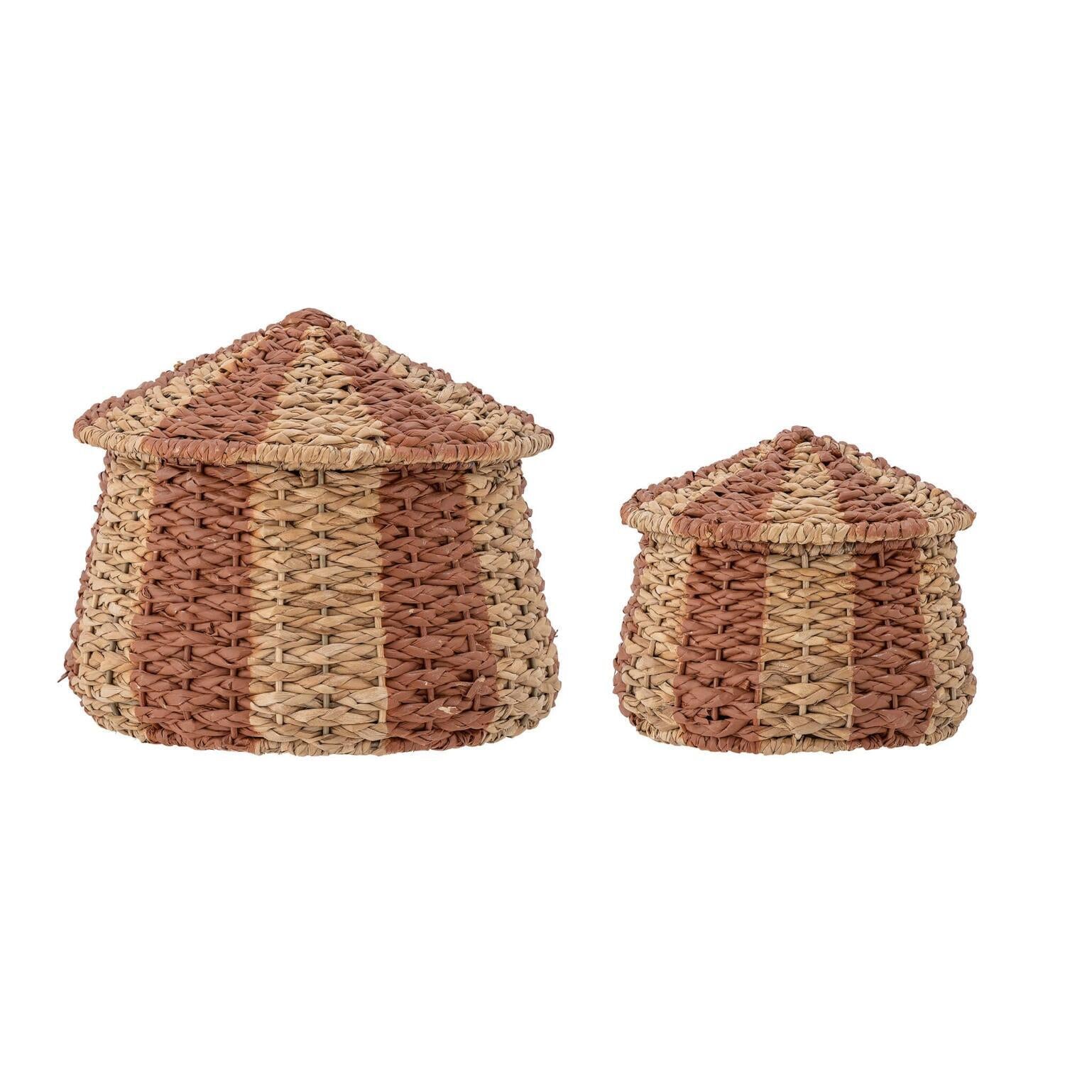 2er-Set Rattan-Körbe mit Deckel, rund, mit Flechtmuster in Natur- und Rotbraun