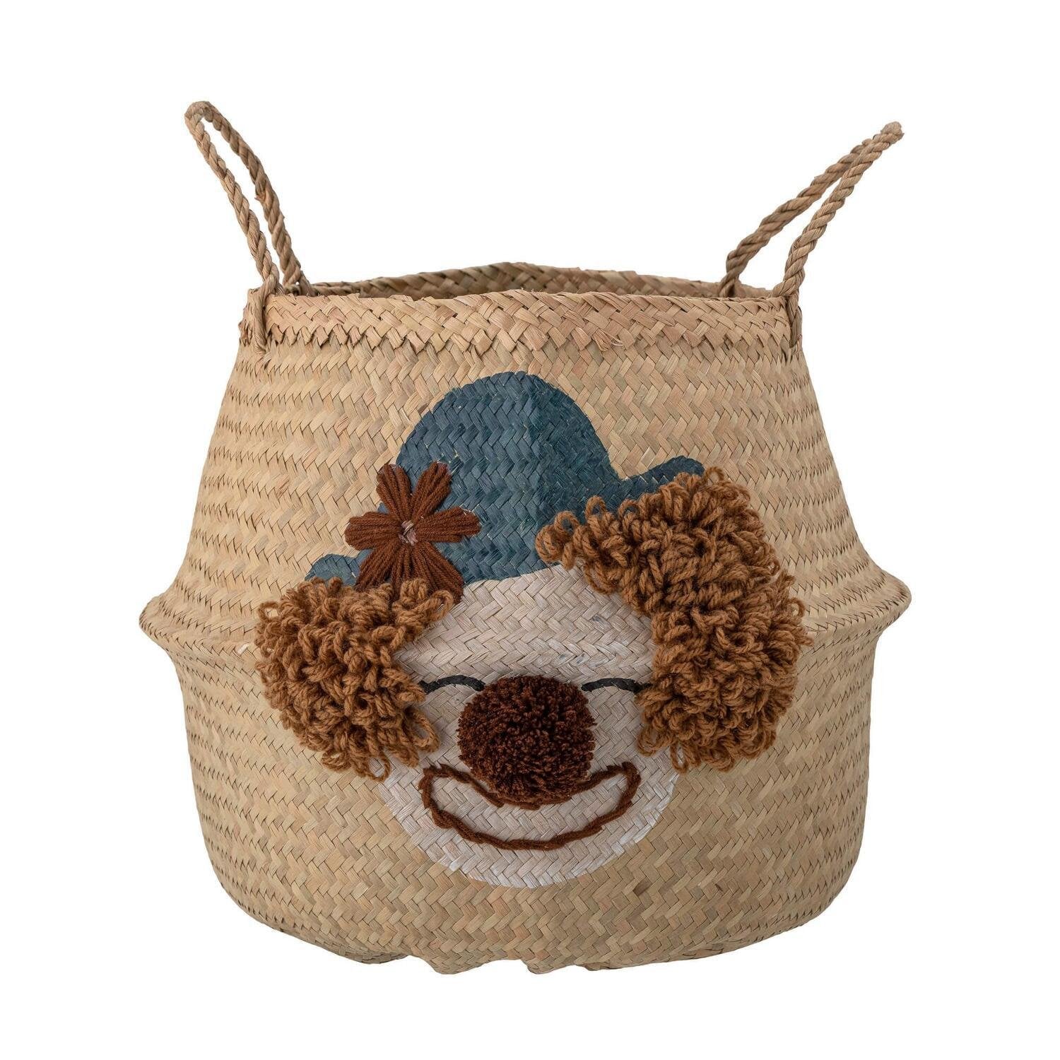 Bastkorb mit Tiergesicht-Applikation in Blau und Braun, zwei Tragegriffen, 35x30 cm