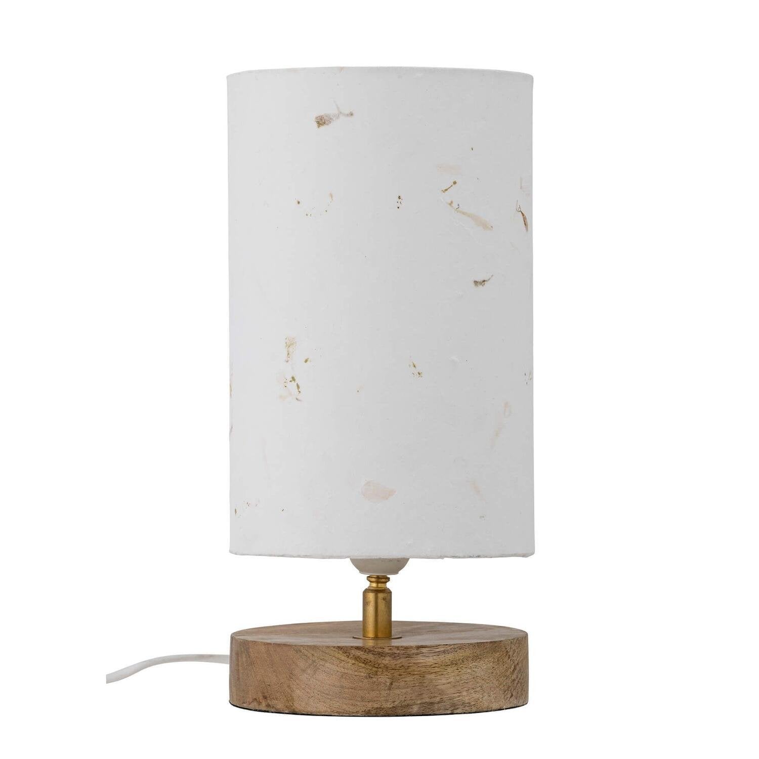 Tischlampe mit weißem Lampenschirm, Holzsockel und Messinghals