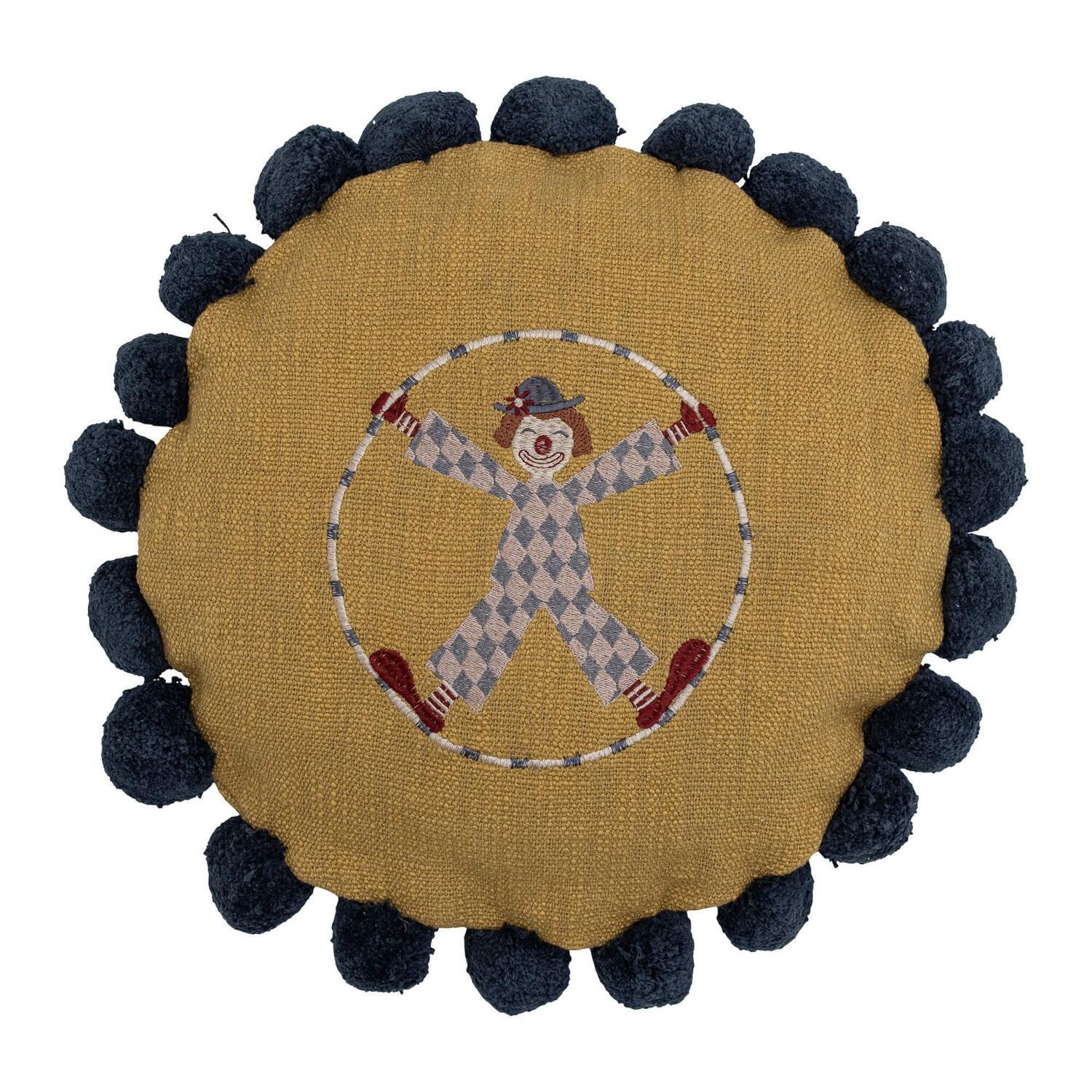 Rundes Kissen in Gelb mit dunkelblauen Pompons und gesticktem Clown-Motiv