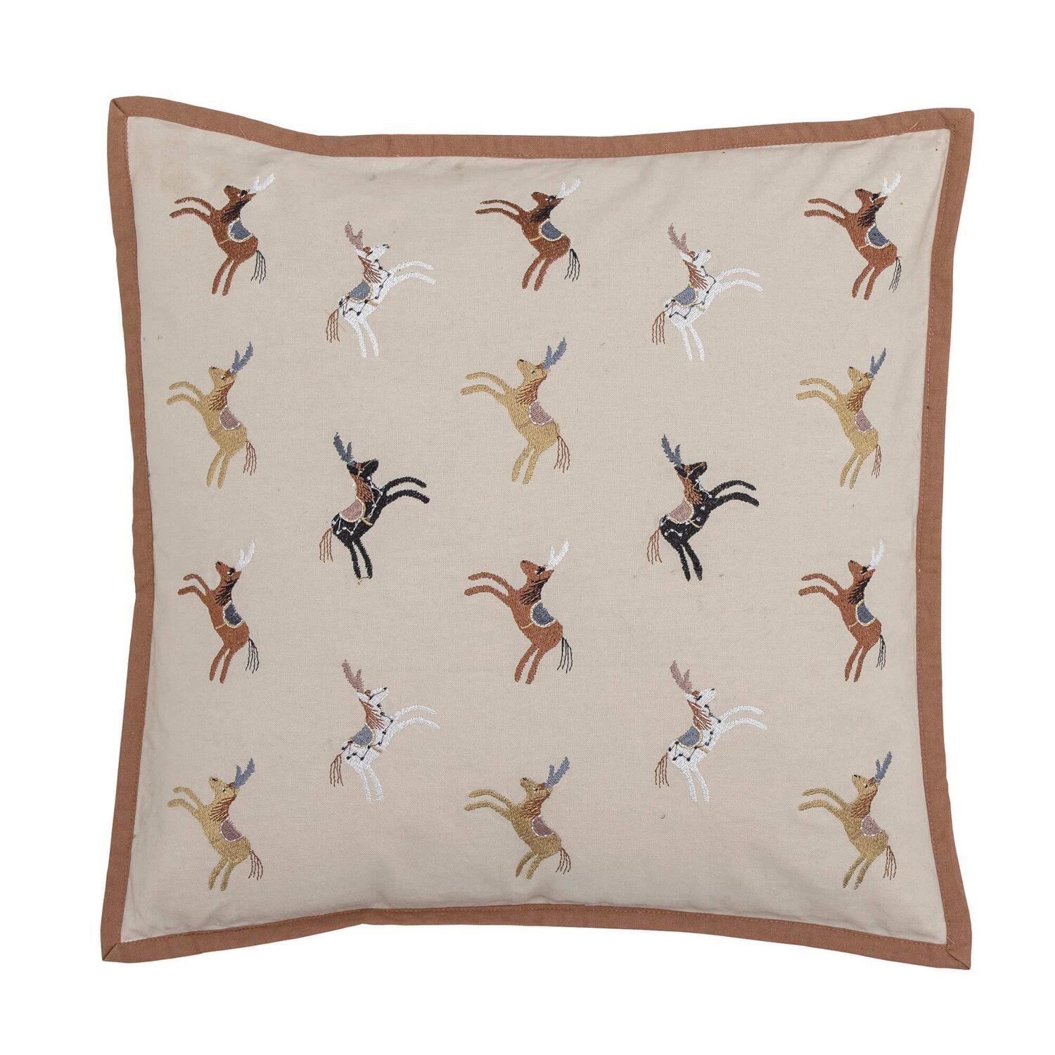 Kissenbezug mit braunem Rand, beige Grundfläche und bunte Tiermotive im Tanzstil