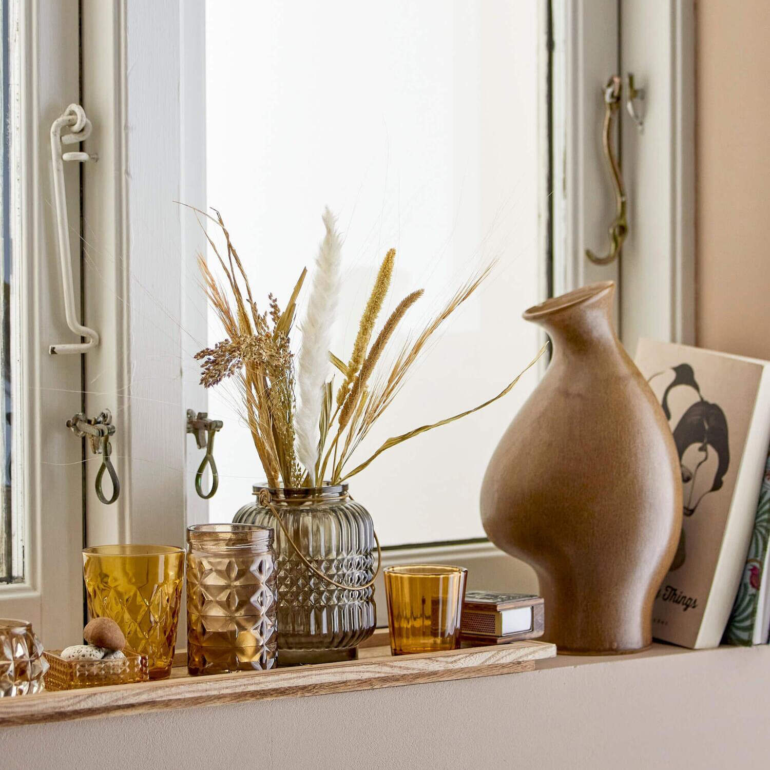 Tablett mit Teelichthaltern "Sanga" - 9 tlg. - 54x14x13 cm (Braun/Bunt)