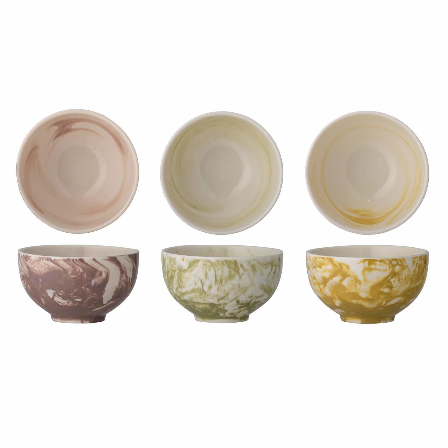 Schalen-Set mit marmoriertem Dekor in Rosa, Grün und Gelb, Vorder- und Rückseite