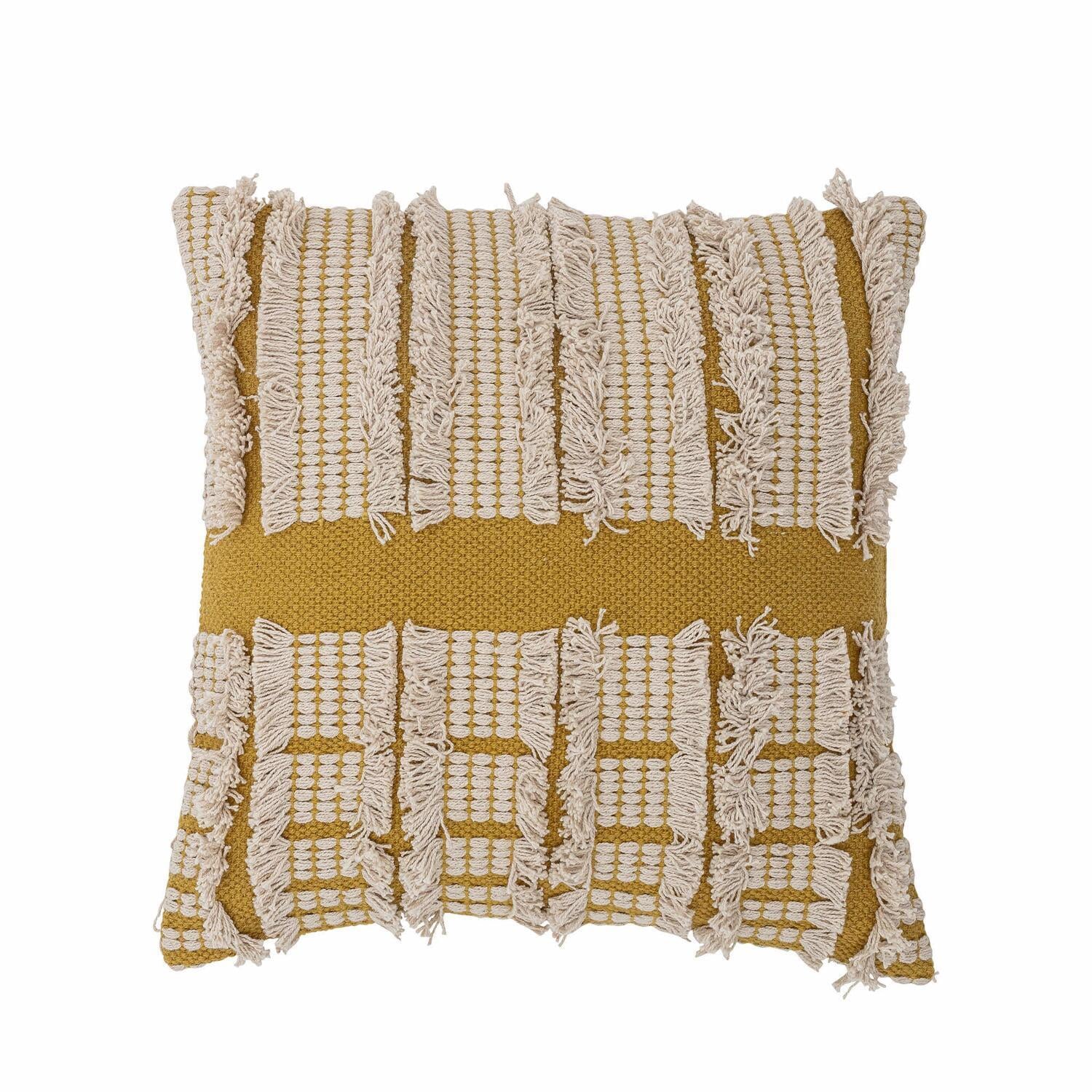 Gelbes Kissen 45x45 cm mit Fransen und gestreifter, gewebter Struktur
