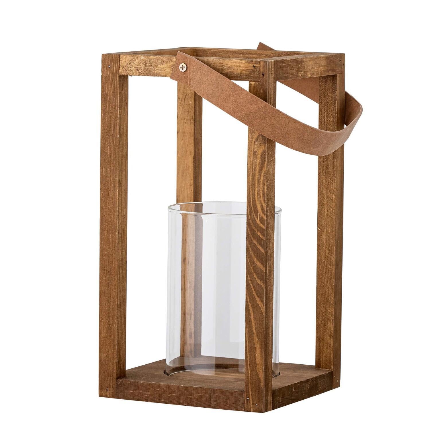 Holzlaterne mit Glaszylinder und Tragegriff, brauner Rahmen