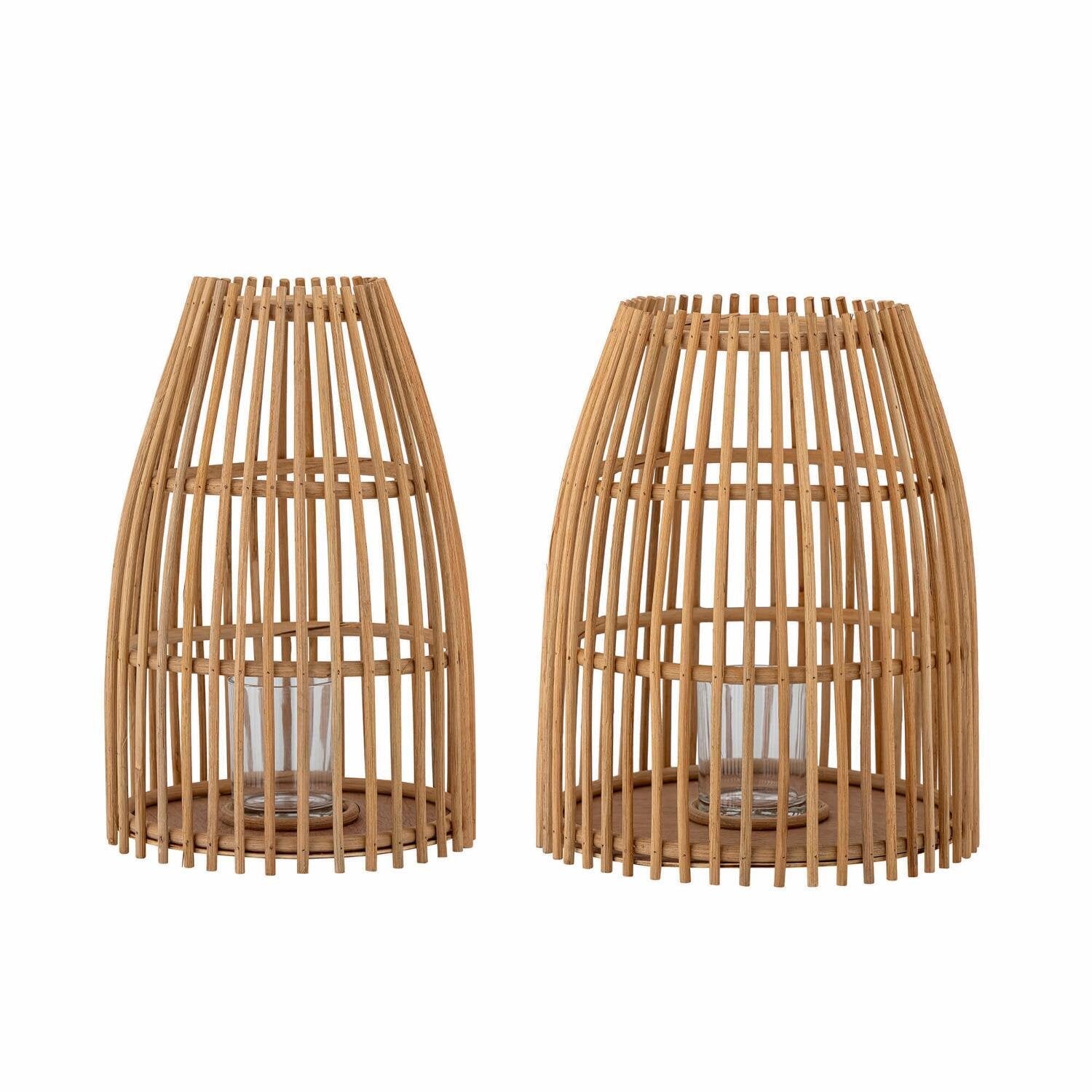 Rattan-Laternen im 2er-Set mit Glaseinsatz, naturfarben, zylindrisch