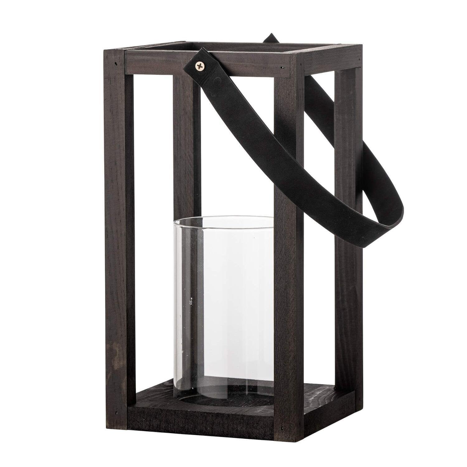 Schwarze Laterne mit Glaszylinder und Holzrahmen, seitlicher Tragegriff