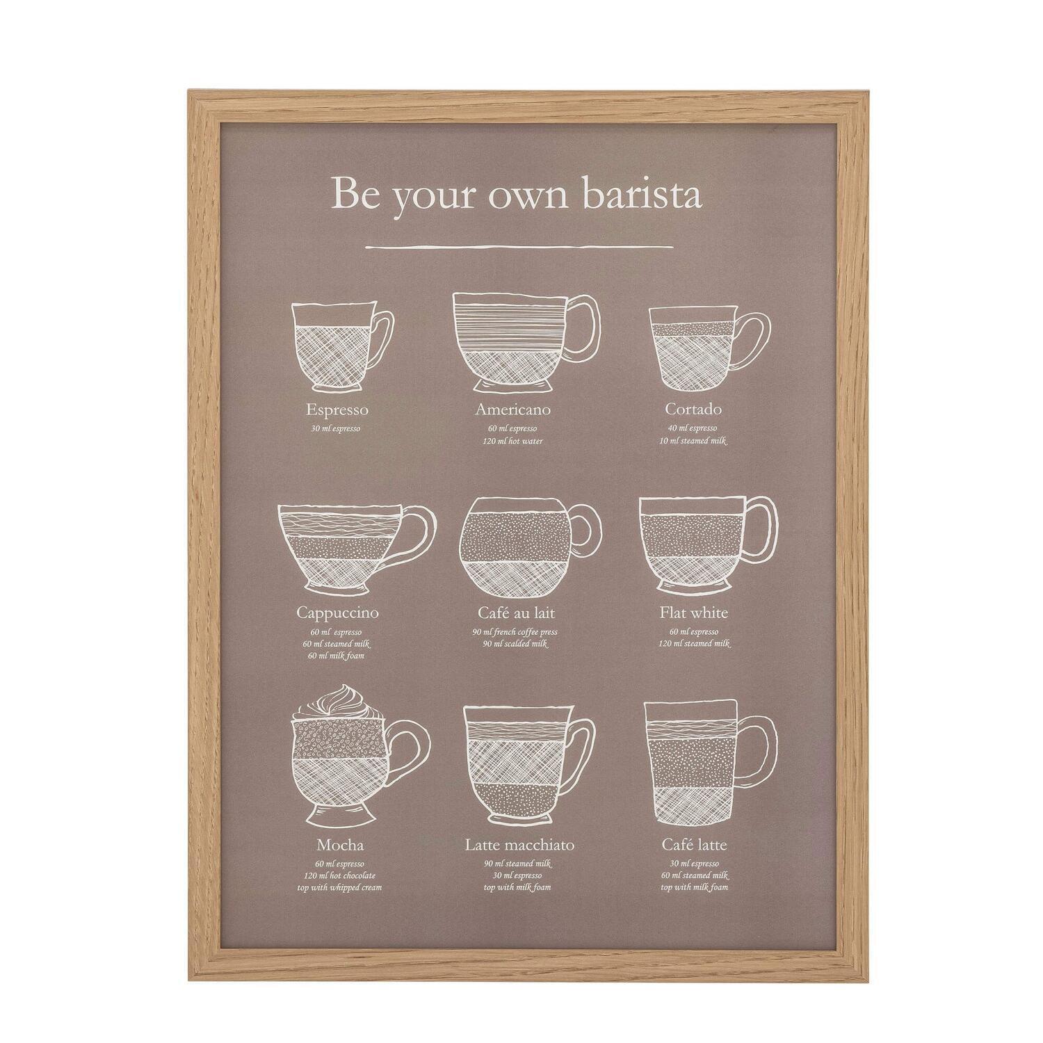 Gerahmte Kaffee-Illustration mit Naturholzrahmen und Tassenmotiven, Text „Be your own barista“