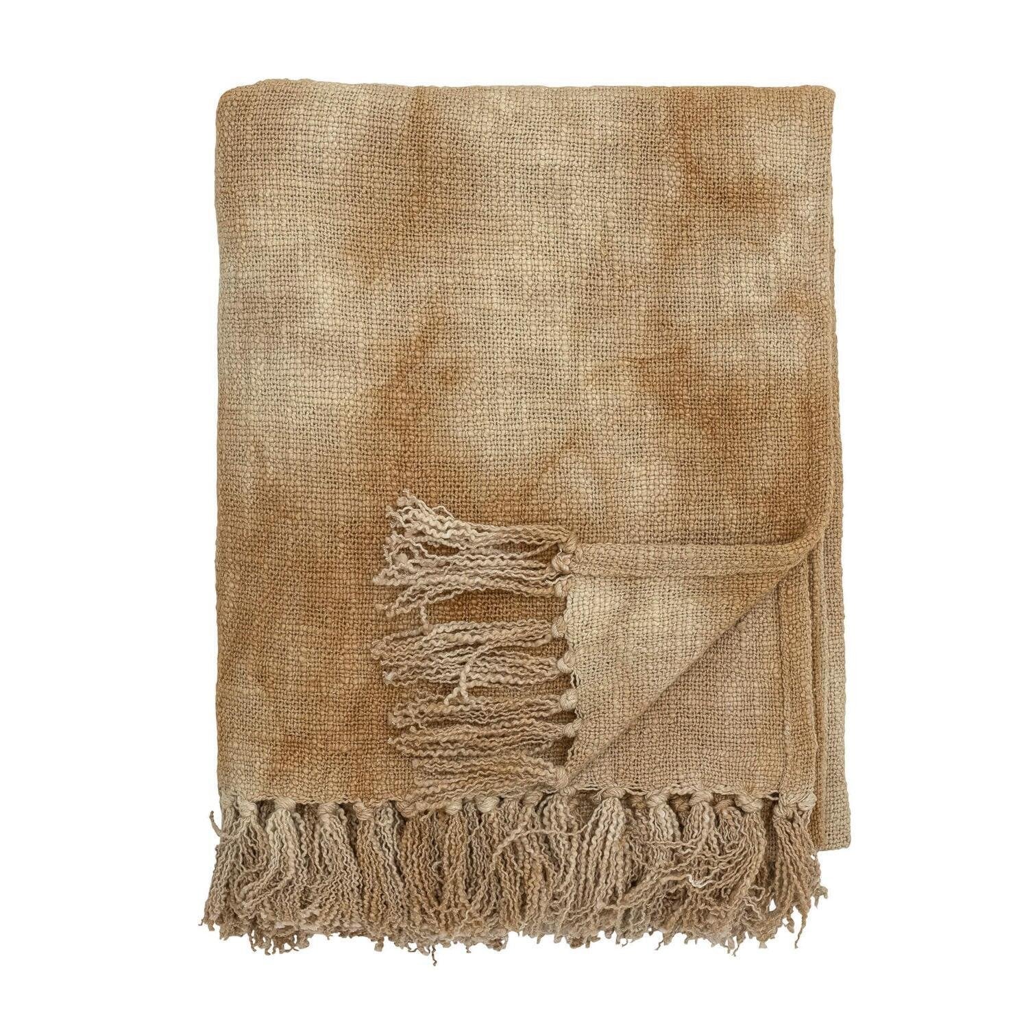 Decke Thelma in gelb-beigem Leinenlook mit Fransen am Saum, 150x125 cm