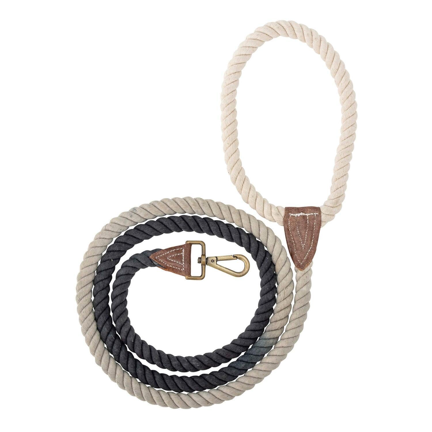 Zweifarbige Kordel-Hundeleine mit Lederanhänger und Messing-Karabiner