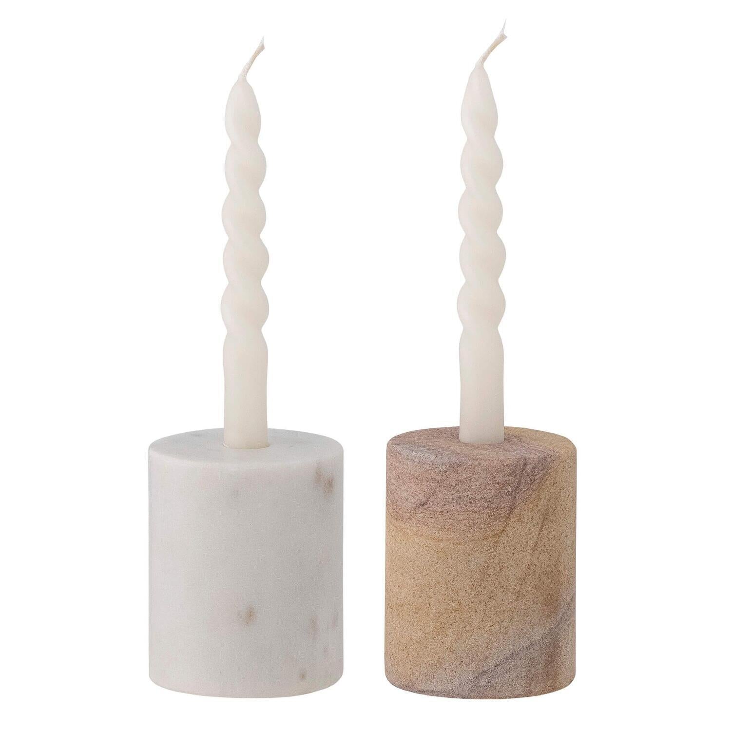 Kerzenständer 2er-Set mit zwei Stabkerzen, zylindrische Halter, hell und naturbraun