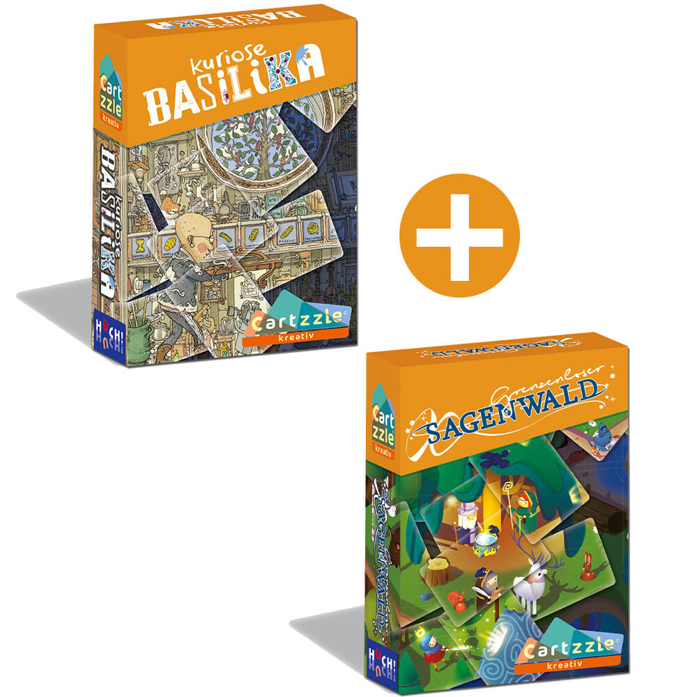 Puzzle-Set in bunten Kartons, zwei verschiedene Motive, jeweils mit Kartonverpackung.