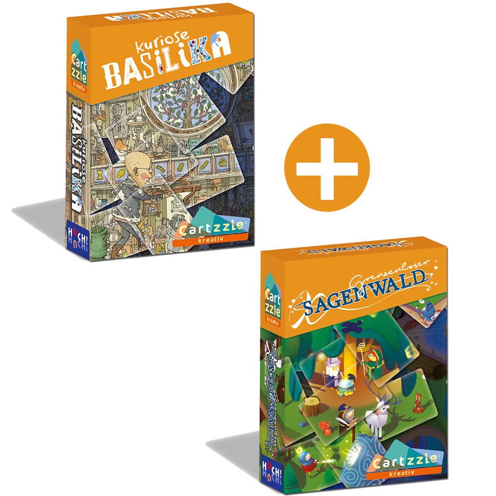 Puzzle-Set für Kinder: zwei bunte Pappboxen mit Kartonmotiven und Cartzzle-Aufdruck