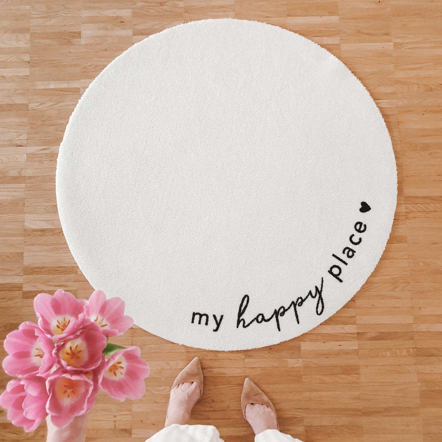 Matte rund waschbar "Happy Place" - 100 cm (Creme) Eulenschnitt