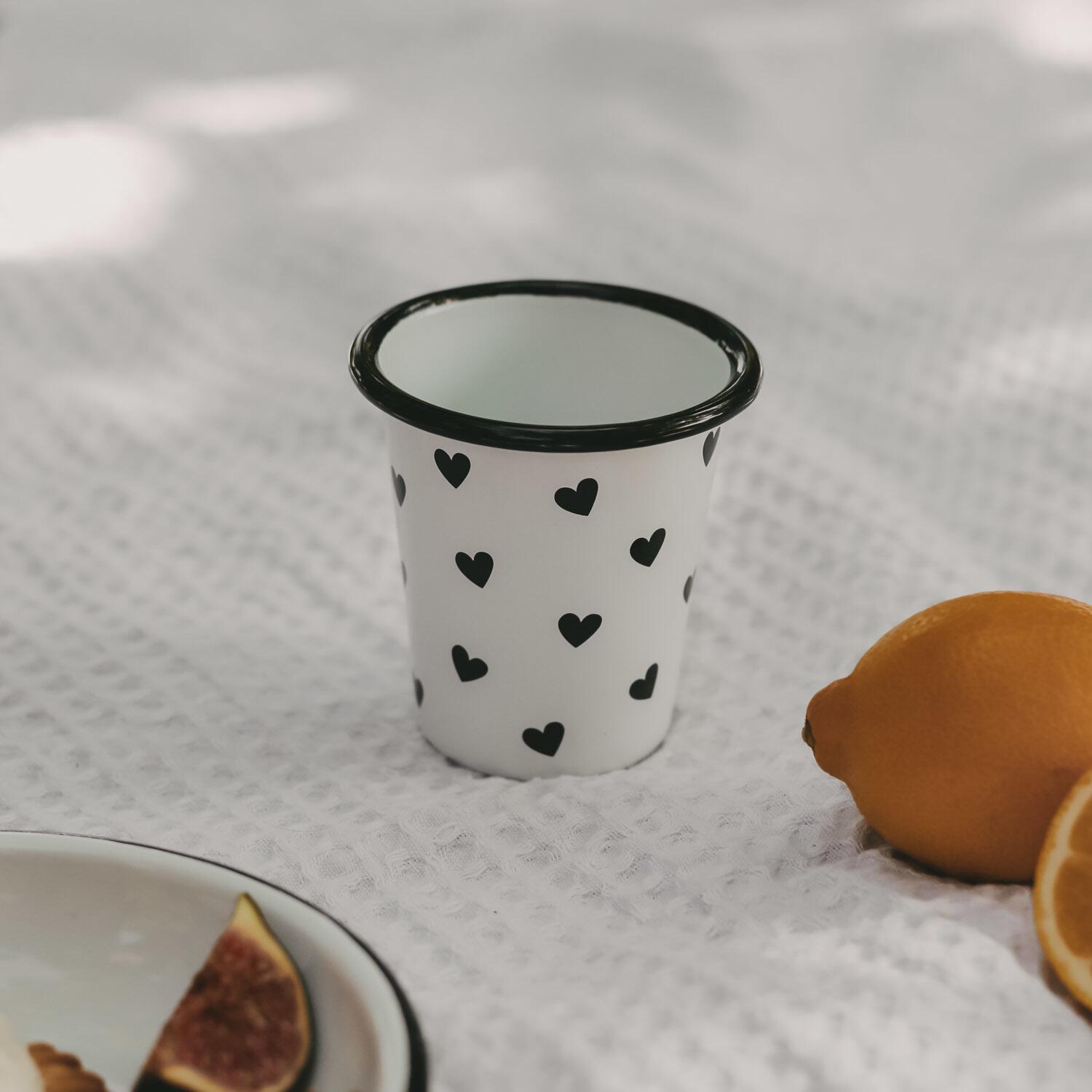 Emaille Becher "Herzen" - 290 ml (Weiß/Schwarz)