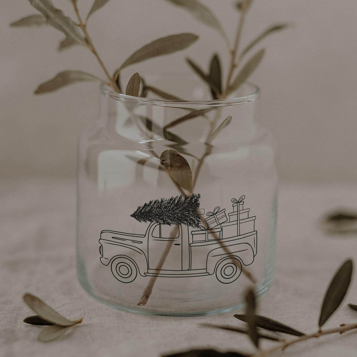 Vase aus Glas "Weihnachtsauto" - 10x9,5 cm (Transparent/Schwarz)