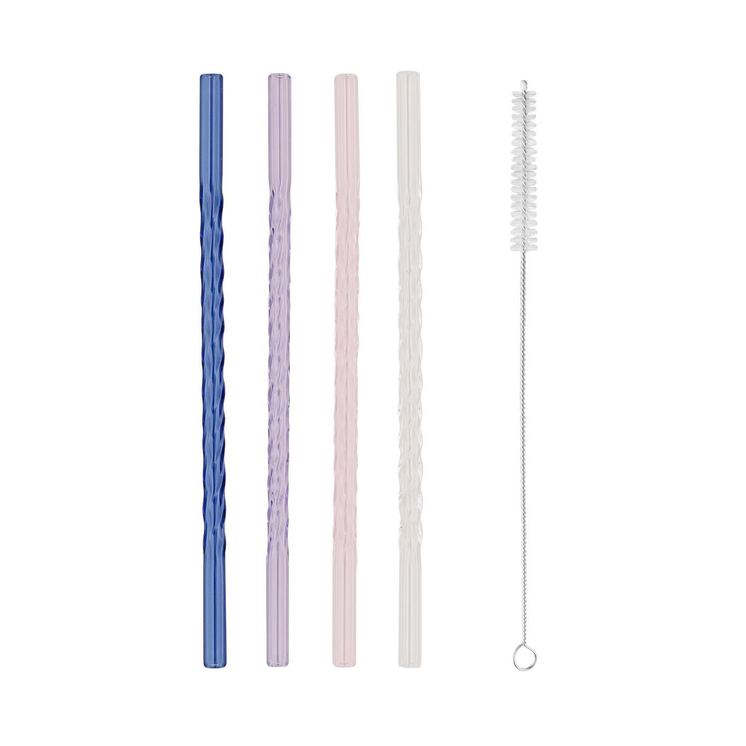 Gedrehte Glasstrohhalme im 4er-Set (blau, helllila, rosa, transparent) mit Reinigungsbürste