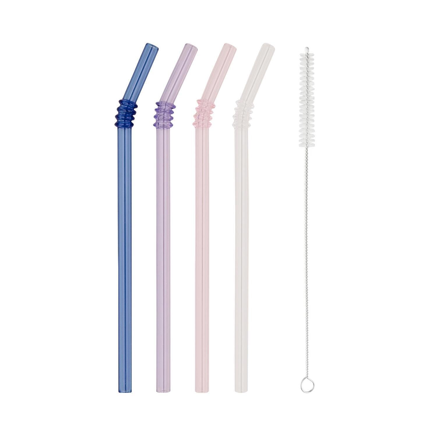 Geknickte Glas-Strohhalme im 4er-Set - 20 cm (Rosa/Flieder/Transparent/Blau)