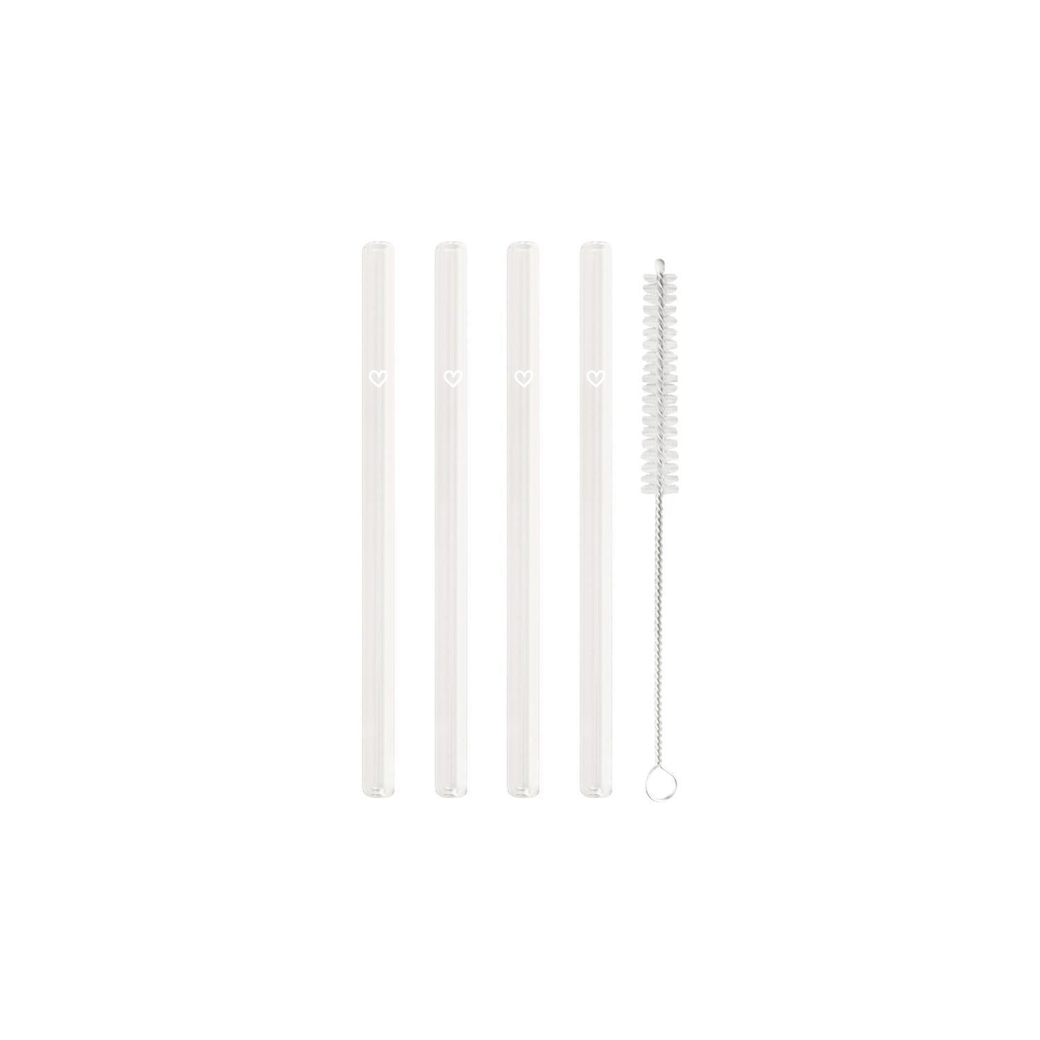 Glas-Strohhalme "Herz" im 4er-Set  - 13 cm (Transparent/Weiß)