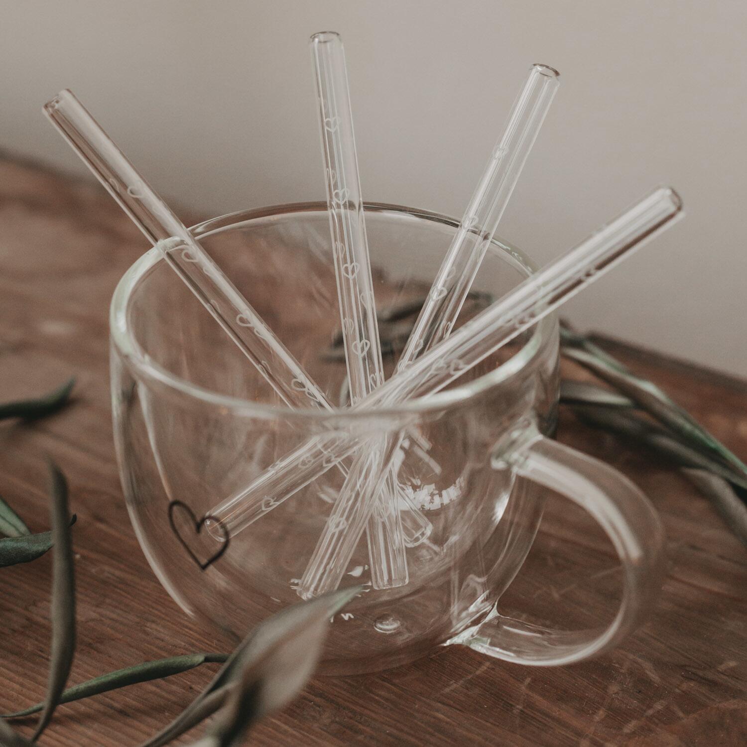 Glas-Strohhalme "Herzen" im 4er-Set - 13 cm (Transparent/Weiß)