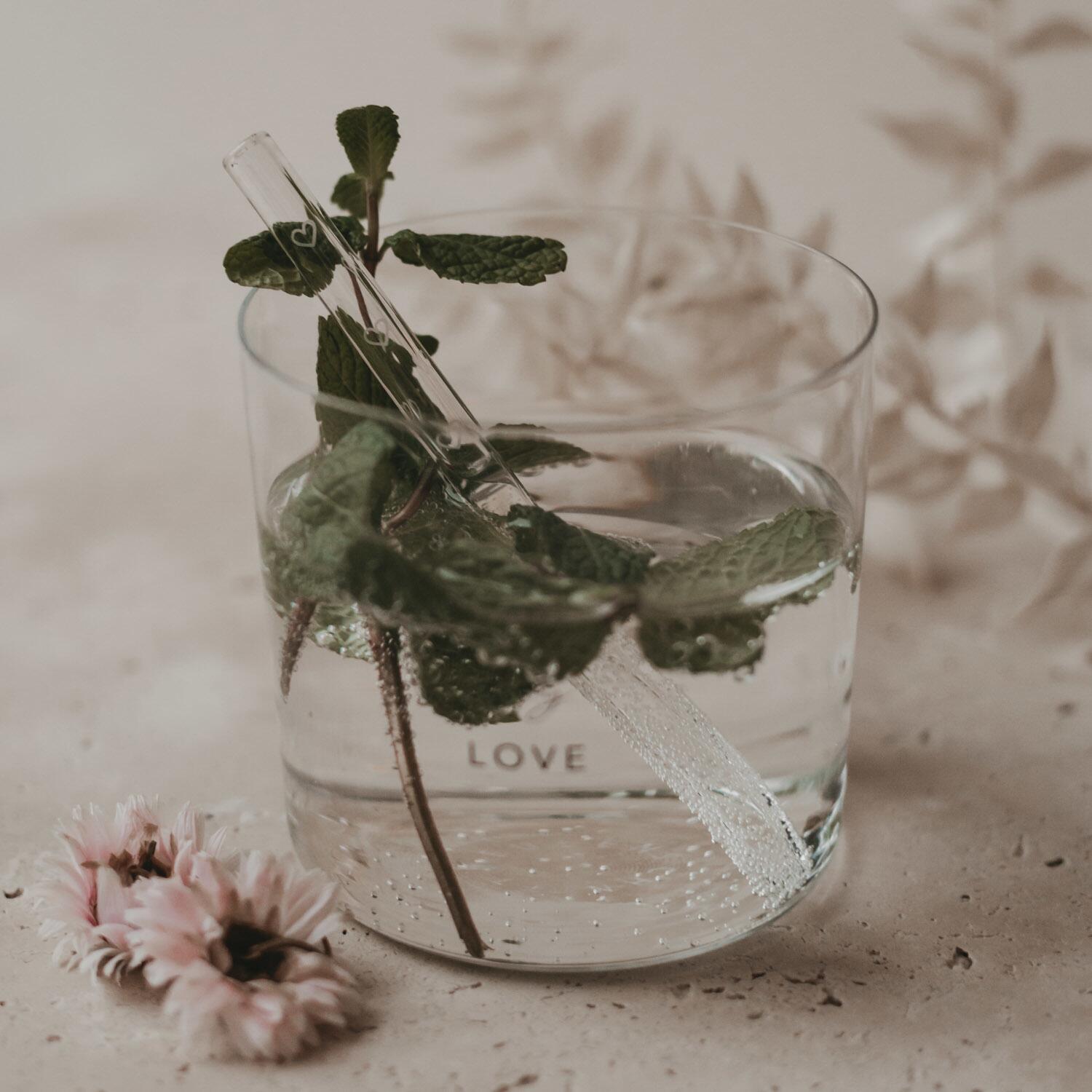 Glas-Strohhalme "Herzen" im 4er-Set - 13 cm (Transparent/Weiß)