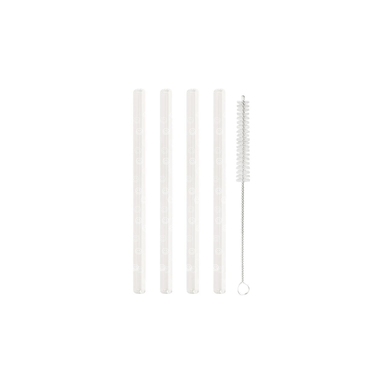 Glas-Strohhalme "Smileys" im 4er-Set - 13 cm (Transparent/Weiß)