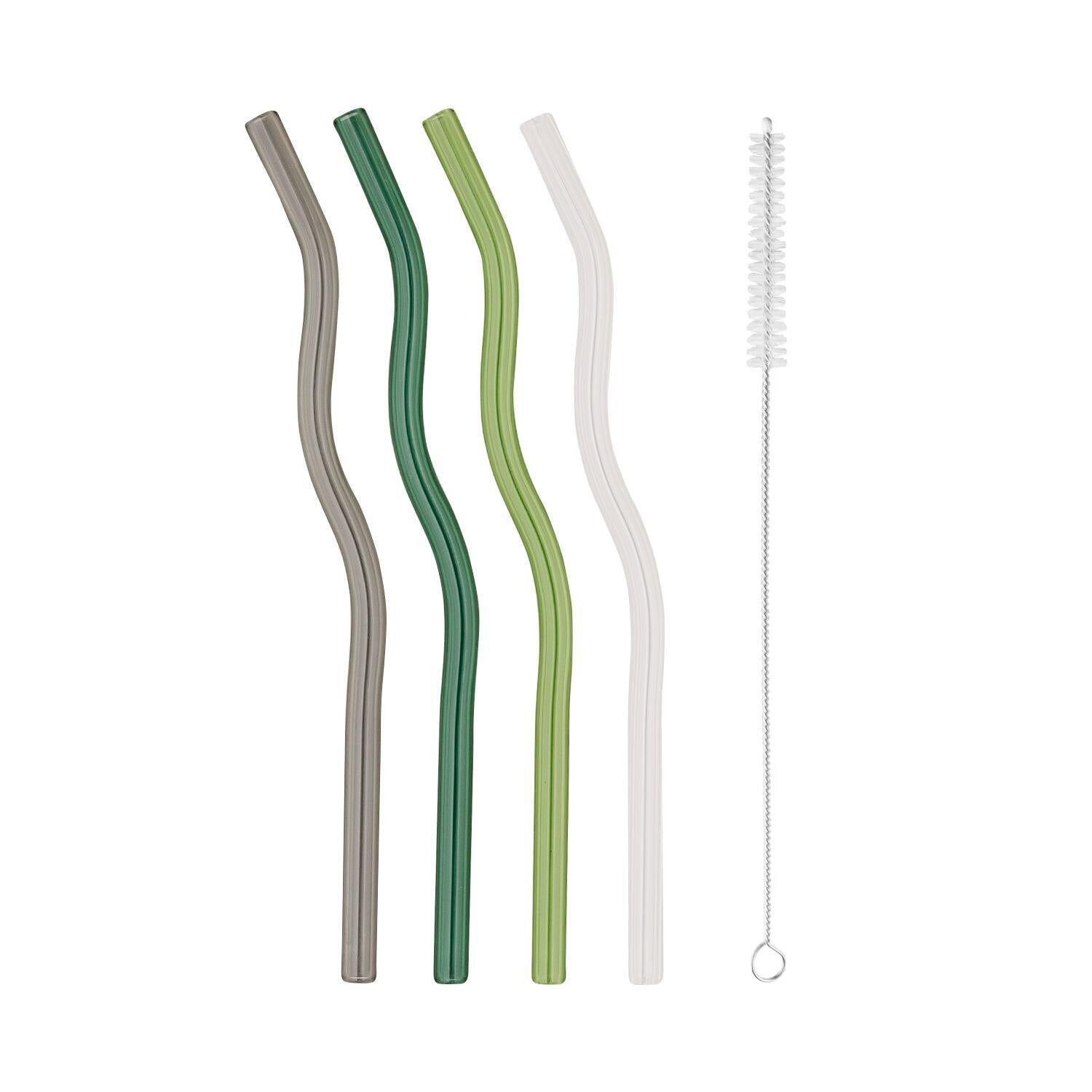 Wellige Glas-Strohhalme im 4er-Set - 20 cm (Grün/Anthrazit/Transparent)