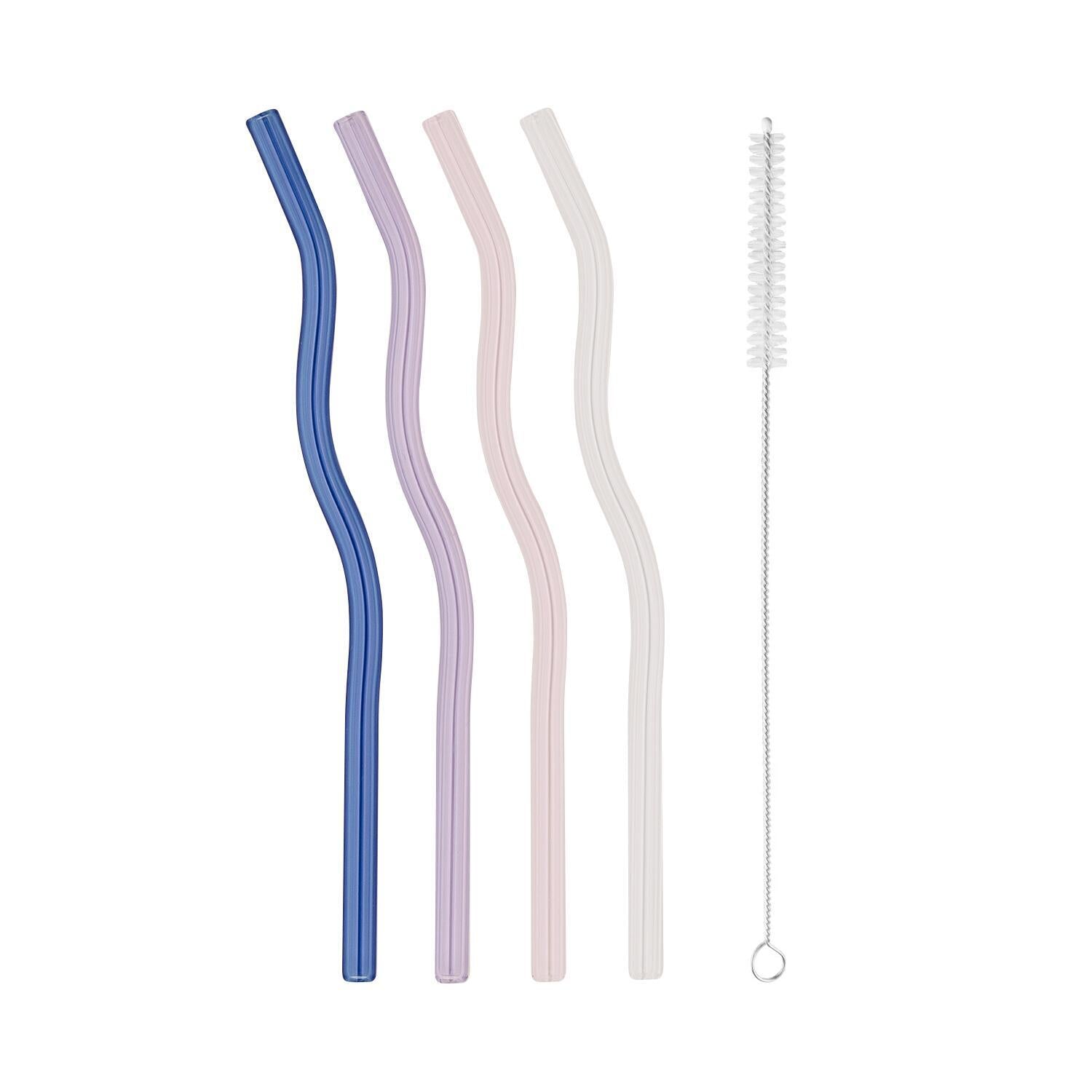 Wellige Glas-Strohhalme im 4er-Set - 20 cm (Rosa/Flieder/Blau/Transparent)