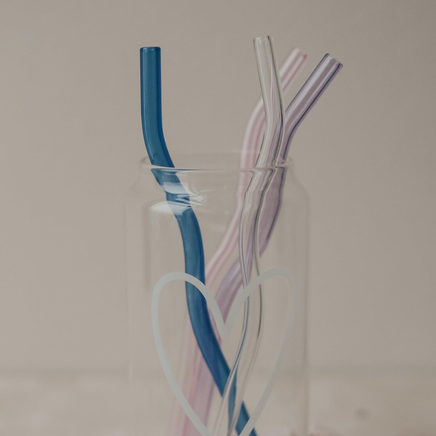 Wellige Glas-Strohhalme im 4er-Set - 20 cm (Rosa/Flieder/Blau/Transparent)