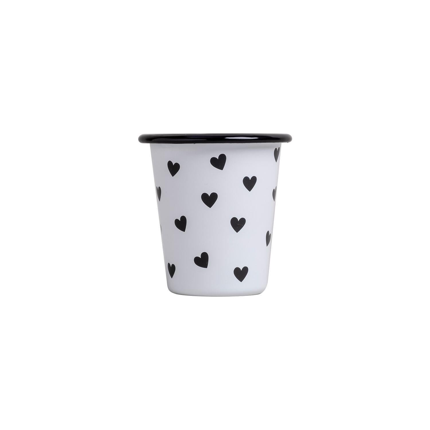 Emaille Becher "Herzen" - 290 ml (Weiß/Schwarz)