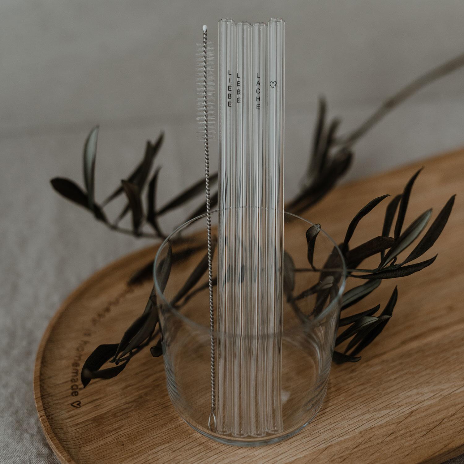 Glas-Strohhalme "Lebe Liebe Lache" im 4er-Set - 20 cm (Schwarz) Eulenschnitt