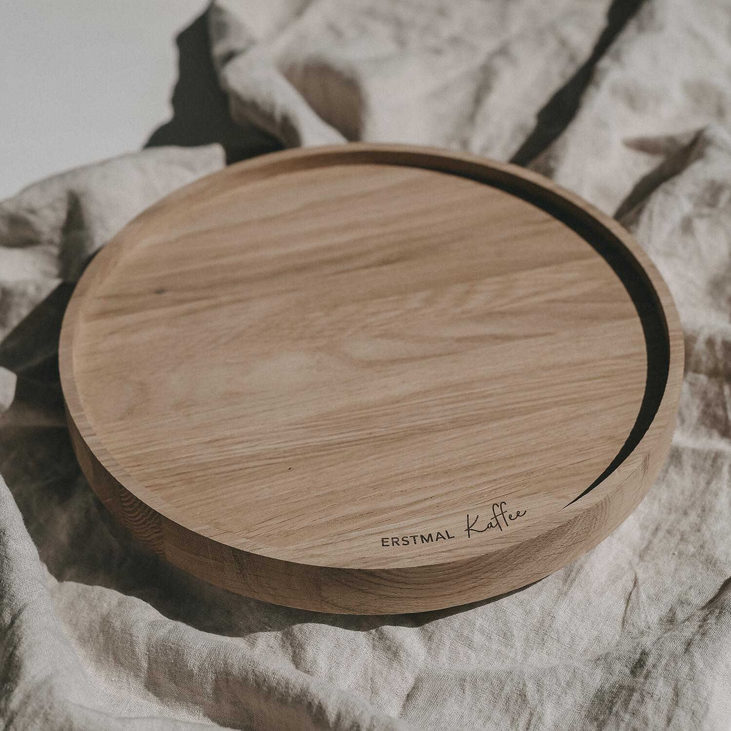 Drehteller aus Eiche "Erstmal Kaffee" - 28 cm (Natur) Eulenschnitt