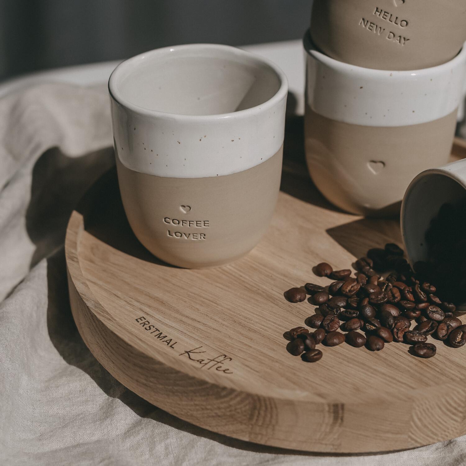 Drehteller aus Eiche "Erstmal Kaffee" - 28 cm (Natur) Eulenschnitt