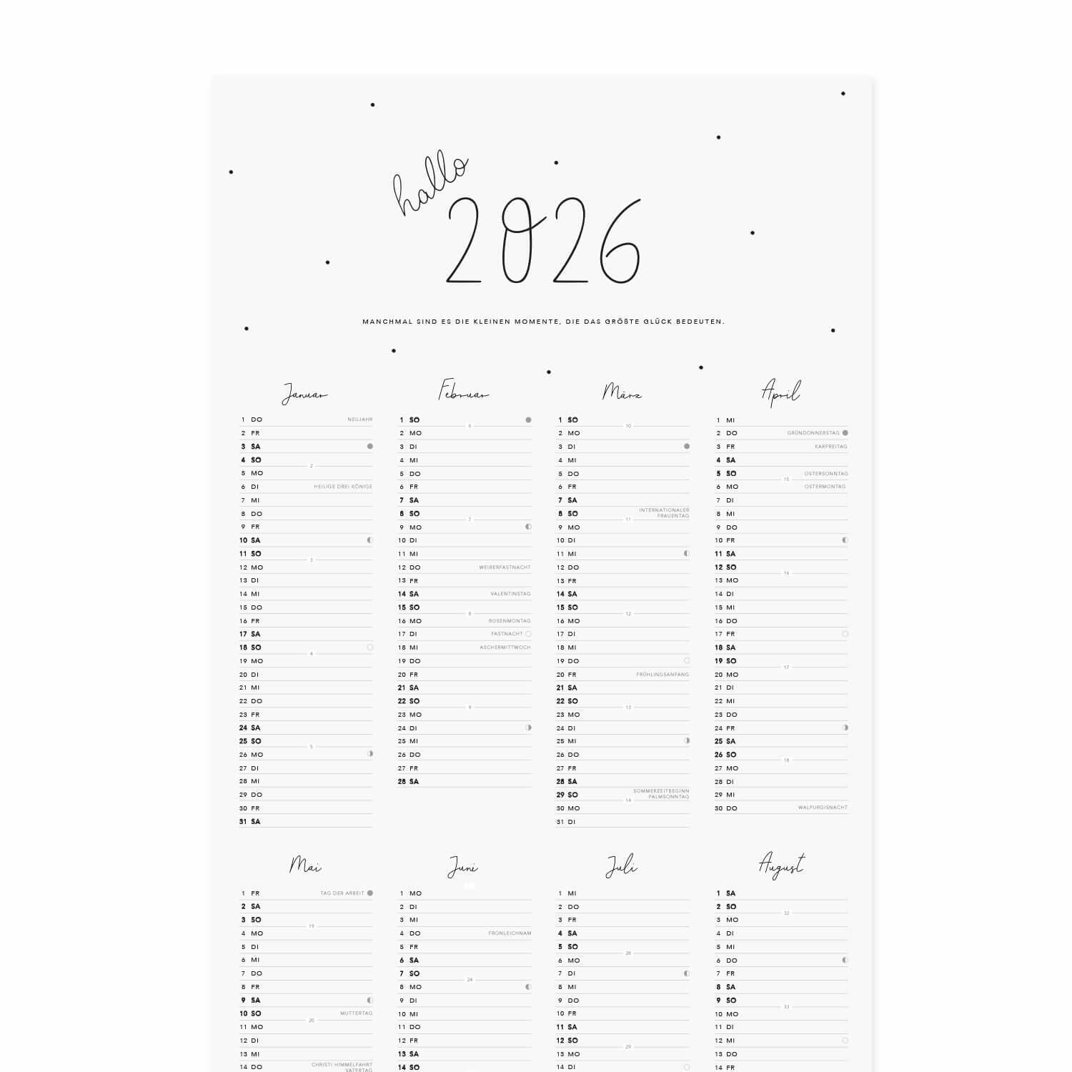 Wandkalender 2026 - 29,7x84 cm (Weiß) Eulenschnitt